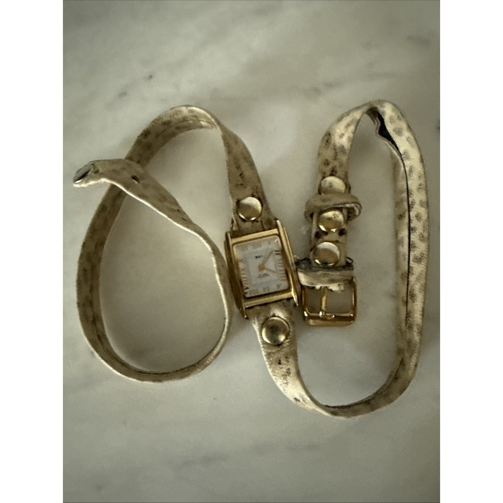 LA‎ MER Snake Print LEATHER GOLD Rectangle BALI STUDS WRAP WATCH